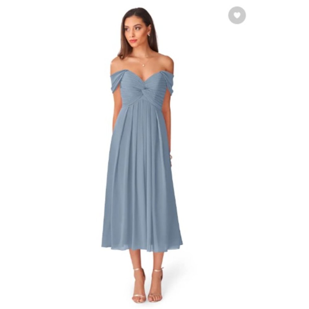 Azazie Vicenta Dusty Blue Size 12 Bridesmaid Tea Length Dress